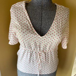 Treasure and Bond Drawstring Rayon V neck top with Pink / Red Dots - Cute EUC S